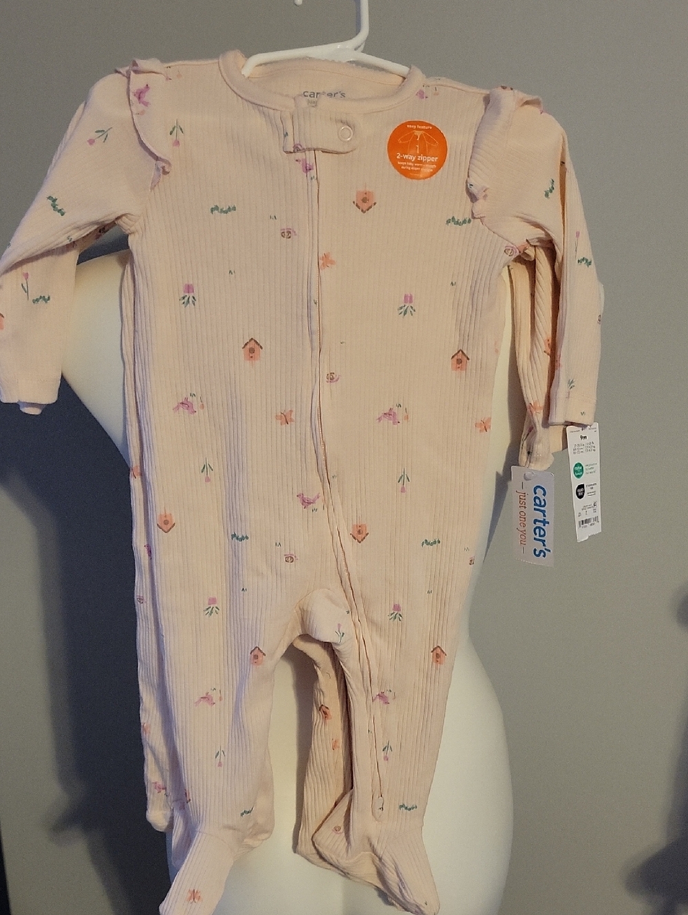 Carter's Peach Floral Ribbed Footed One-Piece Sleeper 9 Month Size.